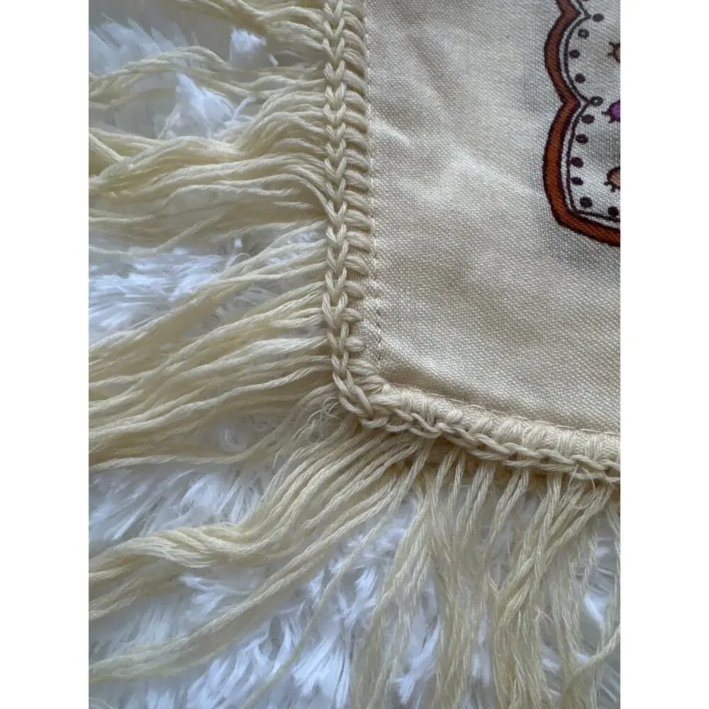 1970s Vintage Floral Hand-Knotted Fringe Shawl Scarf Boho Folk Cotton Wrap